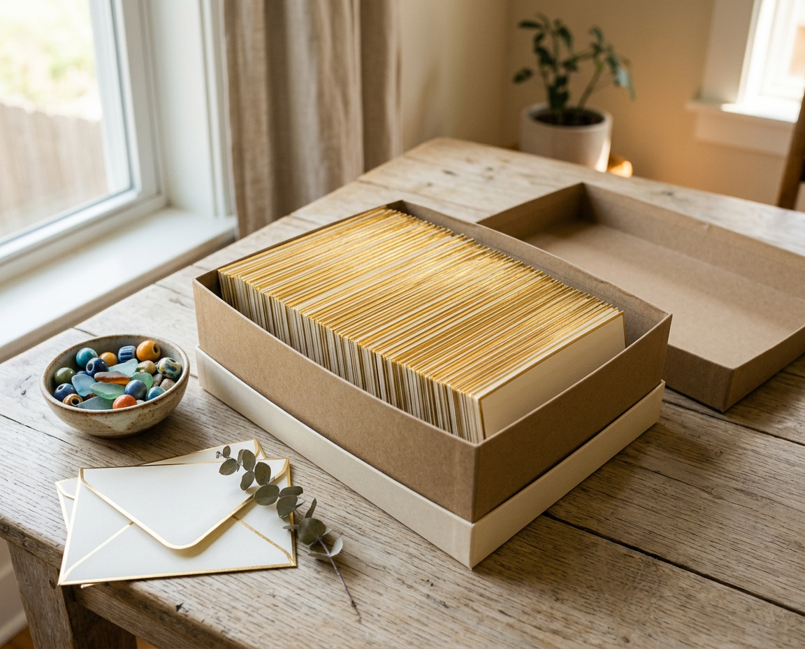 Generated illustration of a box of gold-edged invitations with matching envelopes on a wooden table