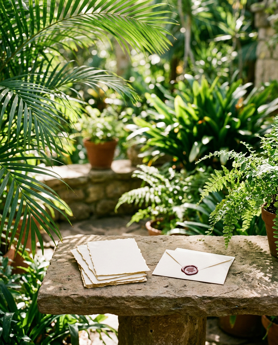 Generated illustration of deckled cotton cards and an envelope with a wax seal on a stone bench in a garden