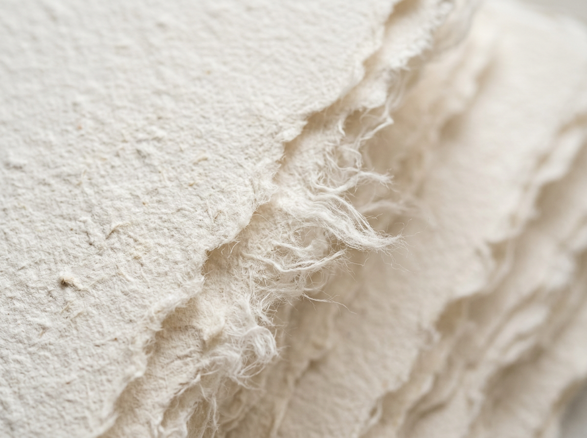 Generated close-up of cotton paper fibres at a deckled edge