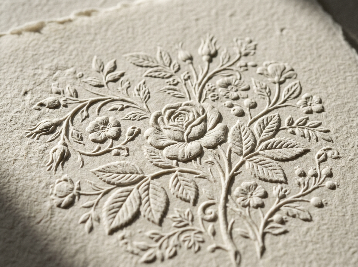 Generated close-up of embossed flowers on cotton paper