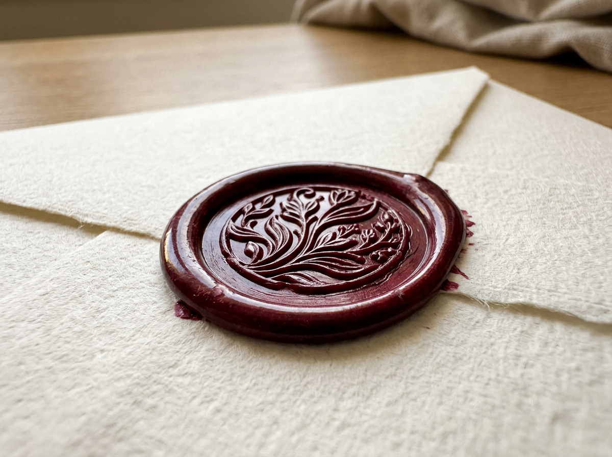 Generated close-up of a burgundy wax seal on an envelope