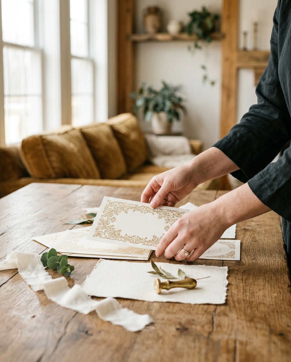 Generated illustration of hands arranging gilded invitation cards and a cotton sheet on a wooden table