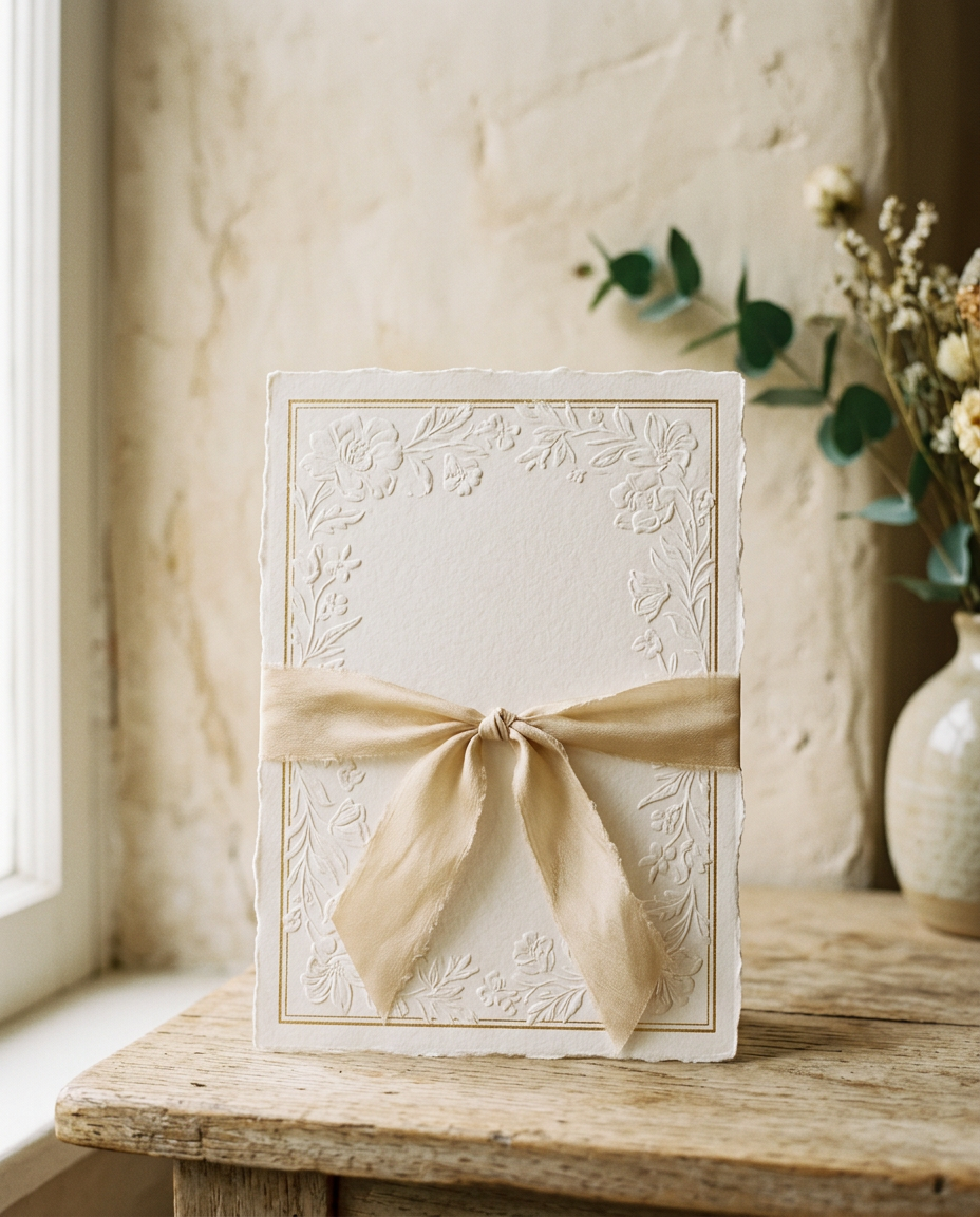 Generated illustration of an embossed cotton-paper card with a gold border, tied with a silk ribbon